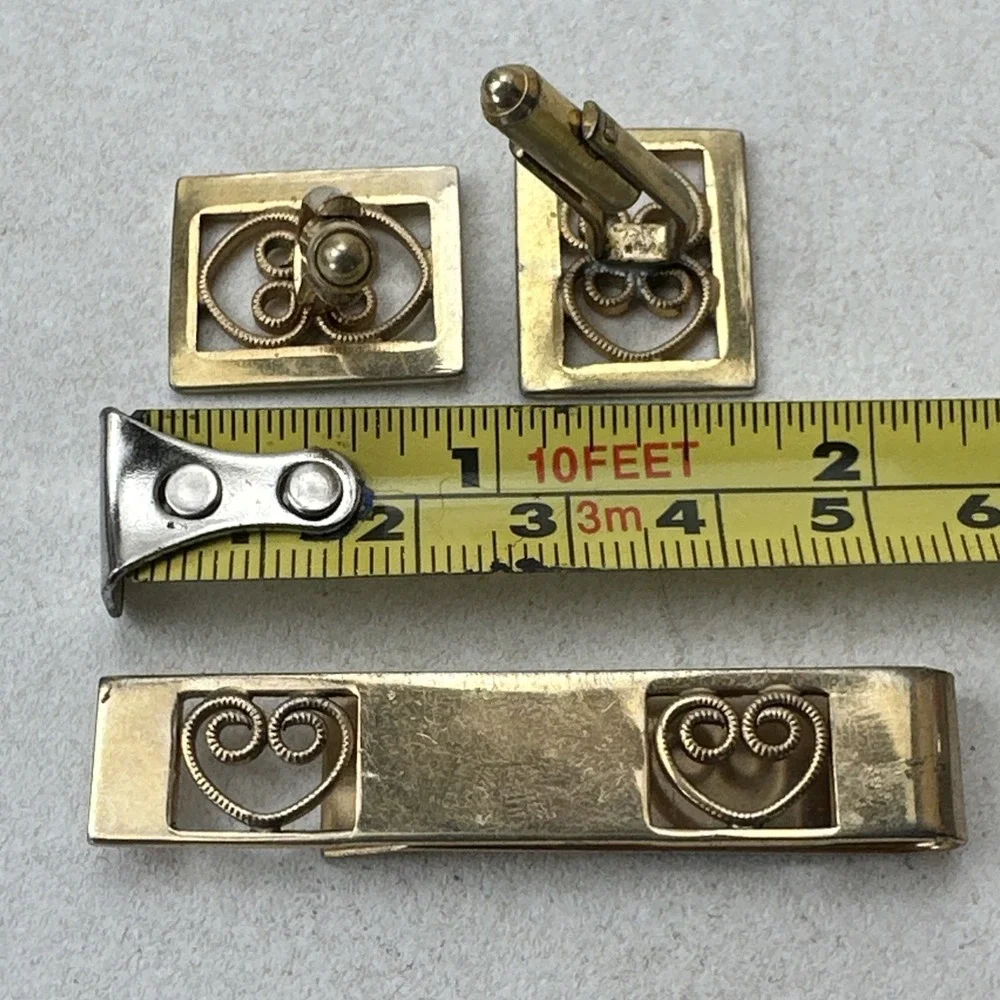 Vintage Gold Tone Heart Cufflinks & Tie Clip Set Unmarked